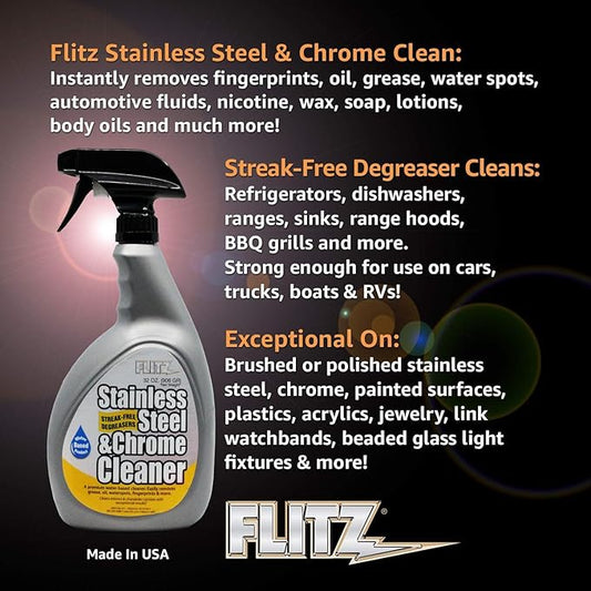 FLITZ Stainless Steel & Chrome Clean - 32oz Bottle, USA-Made Stainless Steel Cleaner Spray for Appliances - Grill, Fridge, Sink Stain Remover - Also Works on Aluminum Surfaces (1 Pack)