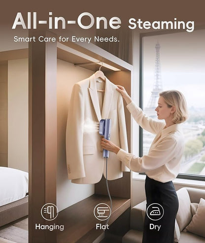 Steamer for Clothes, 1000W Portable Garment Steamer Travel Size, 100-240V Dual Voltage, 120ml Tank Handheld Steam & Iron 2 in 1, for Home, Business, Global & Europe Traveling, Blue