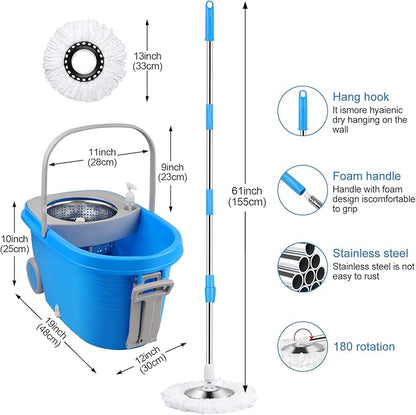 Spin Mop and Bucket with Wringer Set on Wheels, 360° Spinning Mop Bucket System with 3 Microfiber Mop Replacement Heads and 61" Stainless Steel Adjustable Handle for Floor Cleaning (25QT)