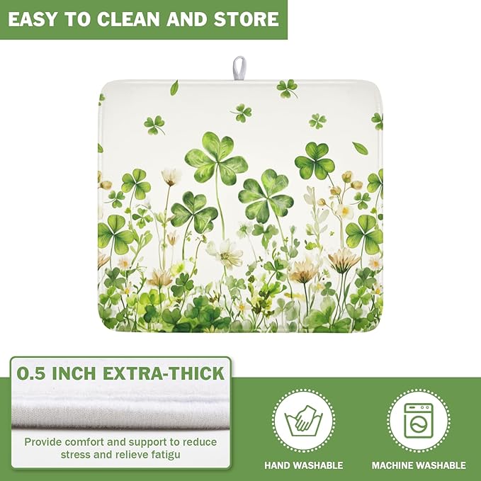 St Patrick's Day Dish Drying Mat 16 x 18 Inch Green Clover Dish Drainer Rack Mat Absorbent Microfiber Mats for Shamrock Dish Pad Spring Lucky Dish Pad for Kitchen Bar Decor