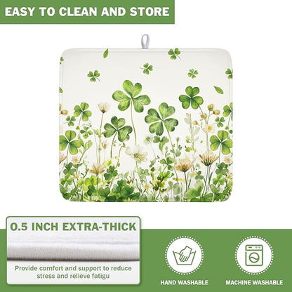 St Patrick's Day Dish Drying Mat 16 x 18 Inch Green Clover Dish Drainer Rack Mat Absorbent Microfiber Mats for Shamrock Dish Pad Spring Lucky Dish Pad for Kitchen Bar Decor