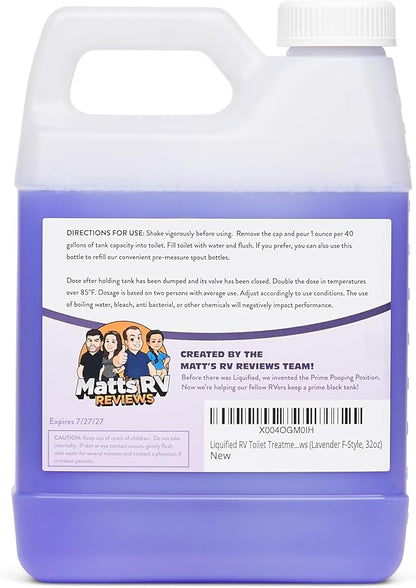 Liquified RV Toilet Treatment - Black Holding Tank Digester - Odor Eliminator - Lavender Scent - Matts RV Reviews (Lavender F-Style, 32oz)