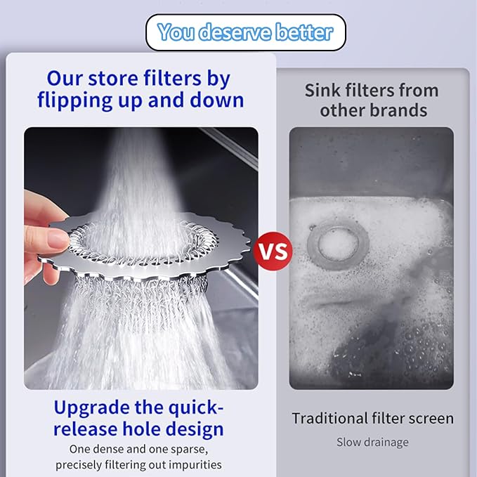 Kitchen Sink Drain Strainer, Patented 304 Stainless Steel Reversible Mesh Strainer with Flexible Chain, Handcrafted Anti-Clog Garbage Disposal Tool, Easy to Clean - 1 Pack