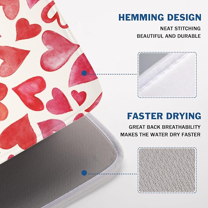 Valentine's Day Dish Drying Mat 18 x 24 Inch Heart Shaped Dish Drying Pad Absorbent Microfiber Mats for Red and Pink Dish Rack Pad for Kitchen Counter Coffee Bar Decor