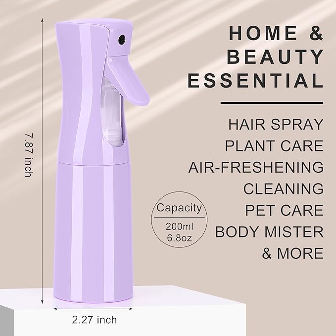 KAIZHOUZHOU(Purple Hair Mister Spray Bottle，Spray Water Bottle Fine Mist Refillable Plants（6.8OZ /200ML） Barber，Showering Pets, Plants, travel, Ironing and Cleaning ﻿ ﻿ ﻿(Continuous Spray)
