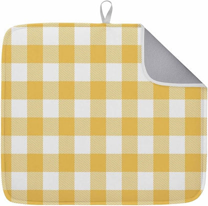 Dish Drying Mat Yellow Buffalo Check Plaid Drying Mats for Kitchen Counter Farmhouse Style Absorbent Microfiber Dish Drainer Quick Drying Coffee Mat with Hanging Loop, 18 x24 inch