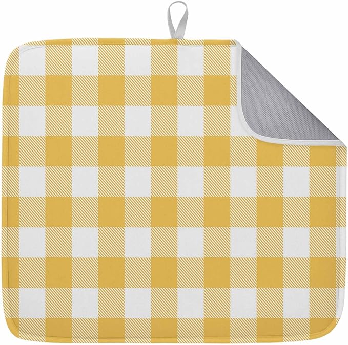 Dish Drying Mat Yellow Buffalo Check Plaid Drying Mats for Kitchen Counter Farmhouse Style Absorbent Microfiber Dish Drainer Quick Drying Coffee Mat with Hanging Loop, 16 x18 inch