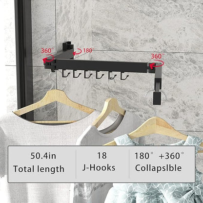 Wall Mounted Clothes Hanger Rack, Retractable Clothes Drying Rack Folding Indoor, Laundry Drying Rack, Space Saver Clothes Rack,Collapsible(Tri-Fold),with 18 J-Hooks Laundry Rack Black