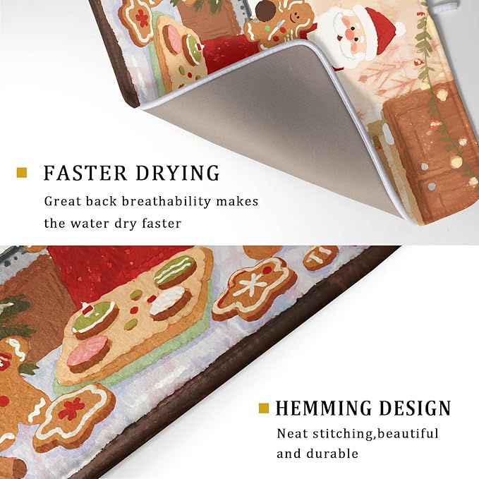 Christmas Dish Drying Mat for Kitchen Counter 18x24 Santa Claus Gingerbread Winter Xmas Holiday Themed Absorbent Reversible Microfiber Drying Mats Kitchen Countertop Protector Dishes Drainer Rack Pad