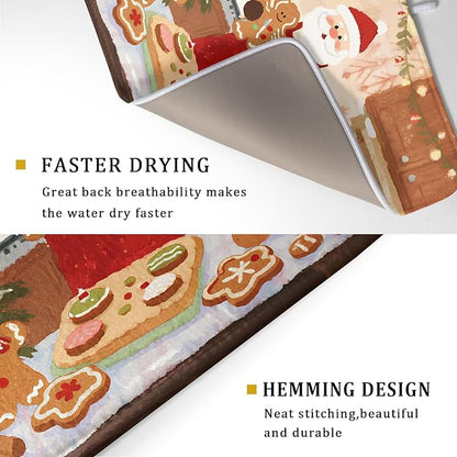 Christmas Dish Drying Mat for Kitchen Counter 18x24 Santa Claus Gingerbread Winter Xmas Holiday Themed Absorbent Reversible Microfiber Drying Mats Kitchen Countertop Protector Dishes Drainer Rack Pad