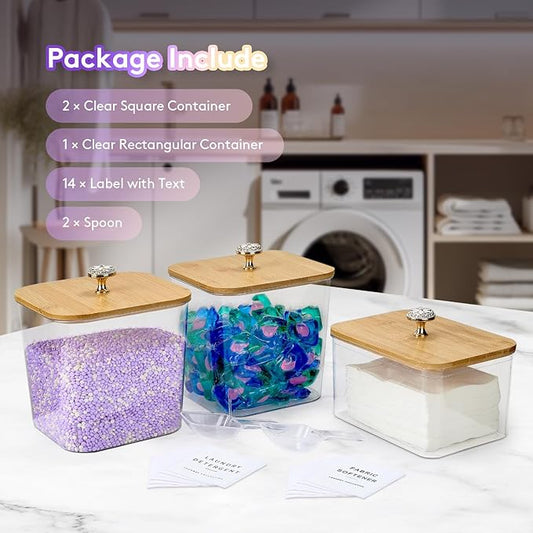 POLRAI 3 Pack Laundry Pod Containers and Dryer Sheet Holder, Laundry Room Organization Storage Containers with Lids and Labels for Laundry Detergent Laundry Pods Dry Sheet Organizing