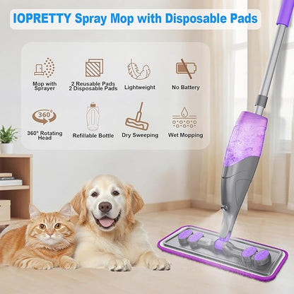 Spray Mops for Floor Cleaning - Wet Dry Mops with 2 Washable + 2 Disposable Pads for Swiffer Powermop - Refillable Bottle for Hardwood Tile Home Kitchen - Absorbs Pet Hair Dust Stains