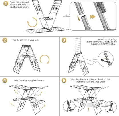 Clothes Drying Rack Foldable, 2-Tier Stainless Steel Heavy Duty Laundry Rack with Adjustable Height Wings, Sock Clips, Space Saving Drying Rack Clothing for Indoor & Outdoor, Apartment, Balcony