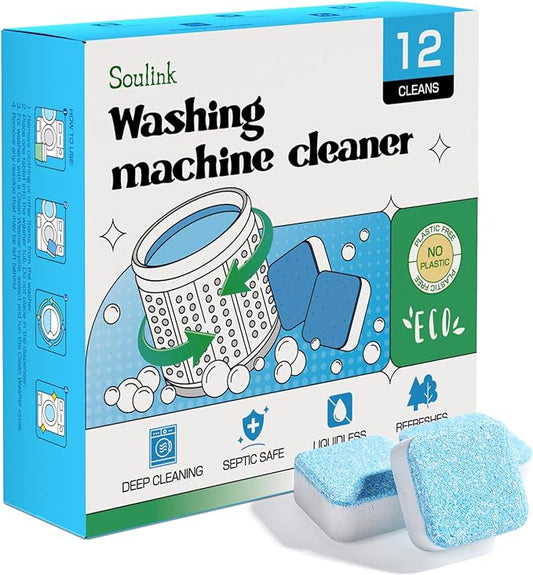 Soulink Washing Machine Cleaner with Odor Blasters, 12 Count - Deep Cleaning Tablets For HE Front Loader & Top Load Washer