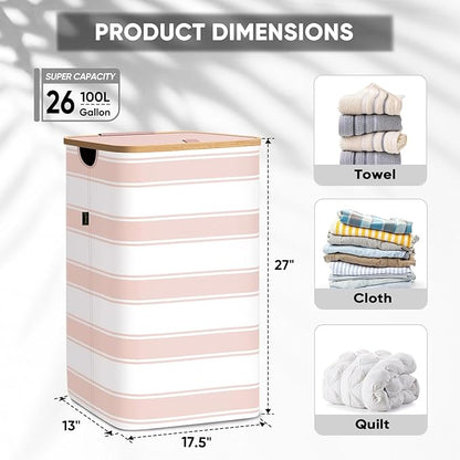 BALEINE Laundry Hamper with Lid, Tall Laundry Baskets with Bamboo Pull Handles, Large Laundry Bin with Internal Support (26 Gal/100L, Pink Stripe)