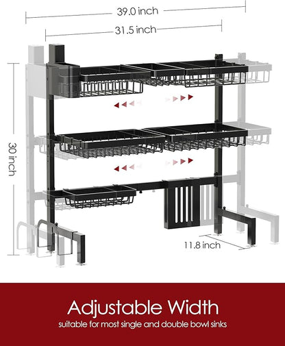 Sakugi Dish Drying Rack - Over The Sink Dish Drainer Drying Rack with Utensil & Knife Holder, Hooks, Stainless Steel Kitchen Organizers and Storage Solution, 11.8" D x 31.5"~39.0''W x 30" H, Black
