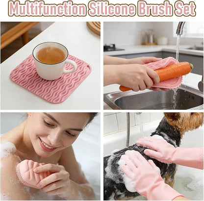 Silicone Sponge 3 Pack Dish Scrubber Sponges Pad Reusable & Long Lasting, Silicone Kitchen Scrubber with Sponge, Non-Scratch Dishwashing Gloves with Bristles for Fruits Vegetables House Cleaning Pink