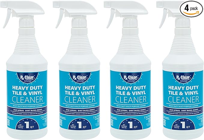 Rx Clear Title Heavy Duty Tile & Vinyl Cleaner | Multi-Purpose Chemical for Indoor and Outdoor Surfaces Including Swimming Pools | Cleans On Contact | 1 Quart Bottles | 4 Pack