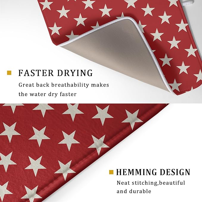 Patriotic July of 4th Red Star Dish Drying Mat for Kitchen Counter 18x24 Memorial Independence Day Absorbent Reversible Microfiber Drying Mats Kitchen Countertop Protector Dishes Drainer Rack Pad