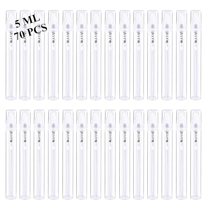 Mini Spray Bottles 70PCS 5ML Clear Plastic Empty Sample Containers Fine Mist Perfume Travel Refillable Spray Bottle Perfume Atomizer Small Travel Size Spray Bottle for Cleaning, Essential Oils