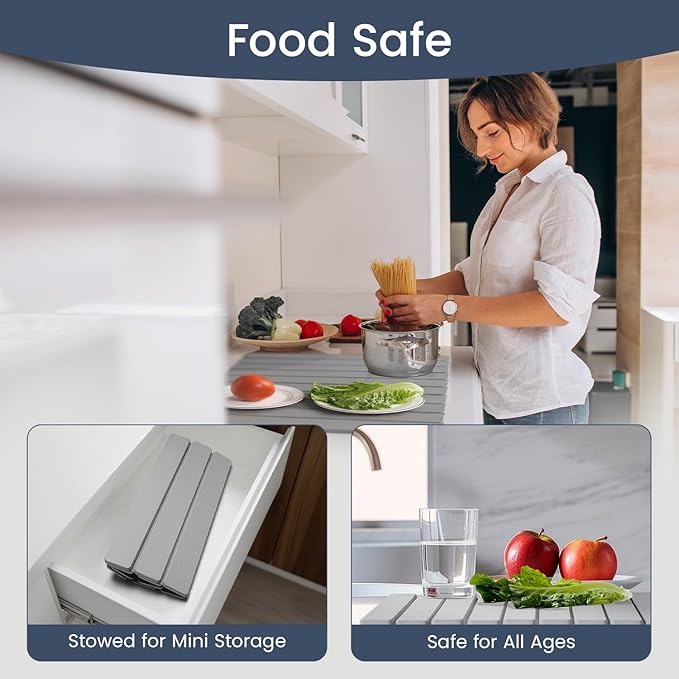 Meowoo Stone Drying Mat for Kitchen Counter, 23.6"x15.3" Foldable Diatomaceous Earth Mat, Super Absorbent, Quick-Dry Bath & Kitchen Pad for Dishes, Cups, Non-Slip, Fit Any Countertop - Light Gray
