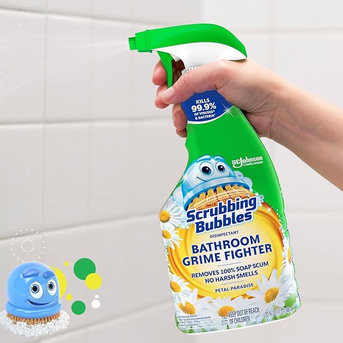 Scrubbing Bubbles Bathroom and Shower Cleaner Disinfectant Spray, Foaming Action Bathroom Grime Fighter, Petal Paradise Scent, 32oz