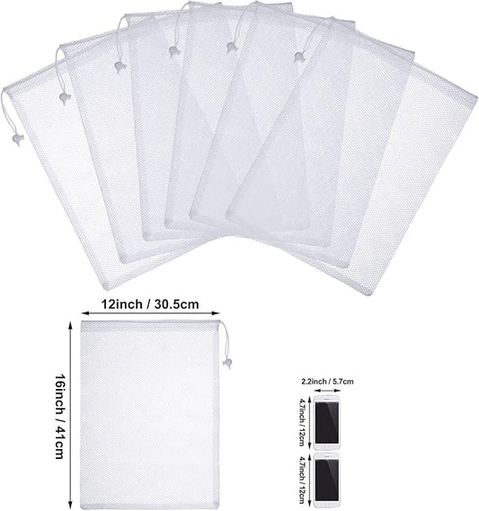 TecUnite 10 Pcs Mesh Laundry Bags with Drawstring Multicolor Mesh Sack Bag Nylon Gift Dishwasher Bag with Sliding for Storage Clothes Socks Jewelry Gifts Toys Fruit(12 x 16 Inch,White)