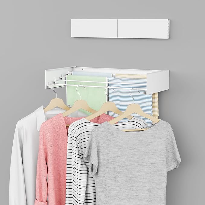 ZMBESUP Laundry Drying Rack - Collapsible Wall Mounted Rack, 23.6" Wide, 11.2 Linear Ft, 4 Aluminum Rods, 60 lb Capacity (White)