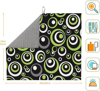 Green Black Gray Geometric Circle Dish Drying Mat for Kitchen Counter, 16" x 18" Absorbent Microfiber Modern Drying Pad for Dish Drainer, Washable, Foldable for Kitchen Gadgets, Multi-Use, Home Decor