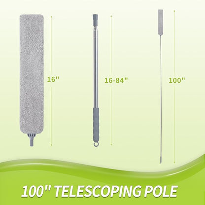 Skinny Duster with Extension Pole for Under Furniture, Under Appliance Cleaning Tool with 3 Microfiber Dusting Cloths, Retractable Flat Duster for Under Refrigerator, Tight Spaces, Gap