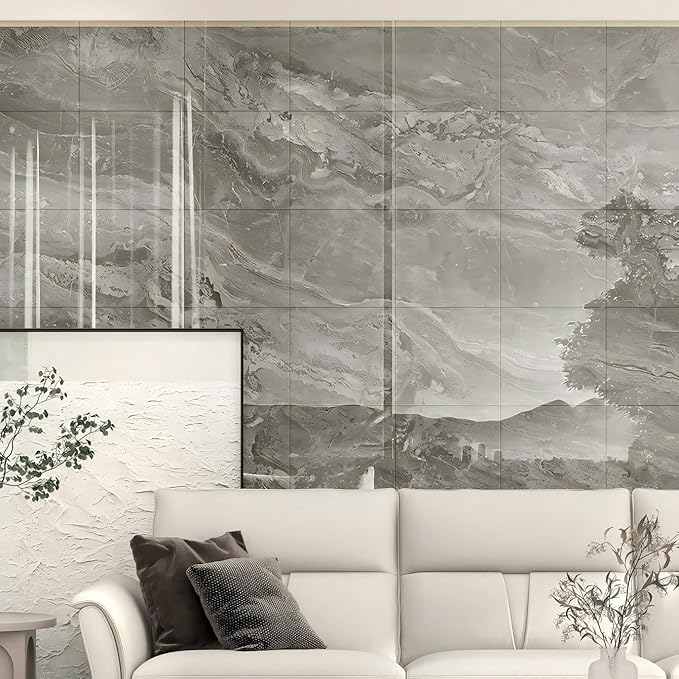 Chejiaye 10pcs Marble Peel and Stick Backsplash Waterproof Washroom Wall Panels, Peel and Stick Tile, PVC Wall Panels for Kitchen (Grey Marble Tiles, 11.8" x 11.8" x2.5MM x 10Pack)
