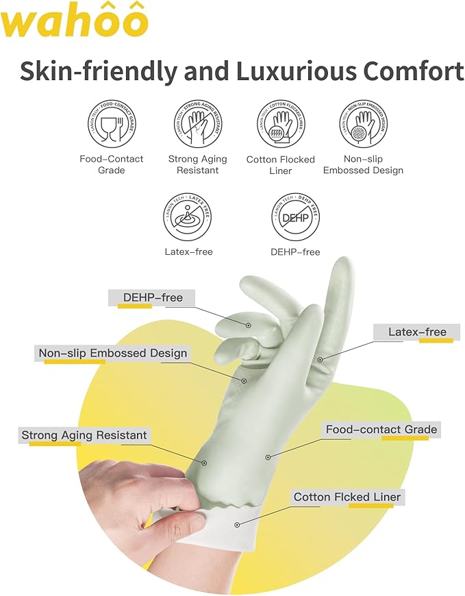 wahoo Skin-Friendly Cleaning Gloves, Reusable Dishwashing Gloves with Flocked Cotton Liner, Dishwashing, Kitchen, Canary Green, Small