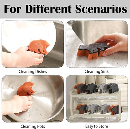Tioncy 12 Pack Rustic Bear Kitchen Sponges Bulk 4 Colors Cute Dual Sided Scrubber Brown Black Bear Sponges Reuseble Dishwashing Kitchen Cleaning Accessories for Cookware Pot Boiler Pan Household