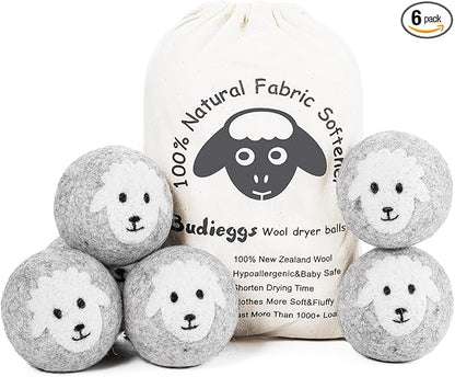 Budieggs Wool Dryer Balls Organic XL 6-Pack, 100% New Zealand Chemical Free Fabric Softener for 1000+ Loads, Baby Safe & Hypoallergenic, Reduce Wrinkles & Shorten Drying Time Naturally (Grey Sheep)