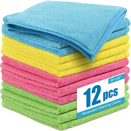 Microfiber Cleaning Cloth 12 Pack, 12x12 Inch Reusable Kitchen Dish Towels, Super Absorbent Soft Cleaning Rags for House, Window, Glass, Bathroom and Countertop (Assorted Colors)