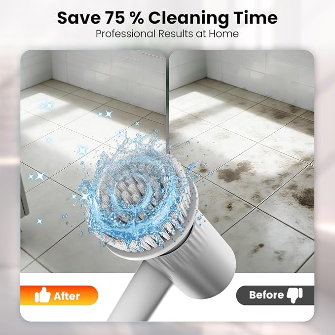 Electric Spin Scrubber - 4500mAh Cordless Cleaning Brush with 6 Brush Heads, 47" Adjustable Handle Relieves Back Pain, IPX7 Waterproof Power Scrubber for Bathroom Shower Floor Tile Bathtub