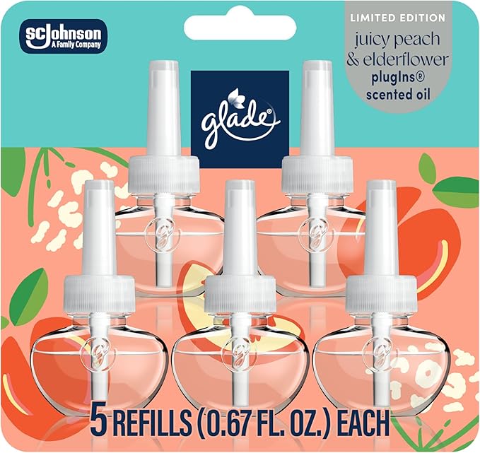 Glade PlugIns Refills Air Freshener, Juicy Peach & Elderflower, Scented and Essential Oils for Home and Bathroom, 0.67 Fl Oz, 5 Count