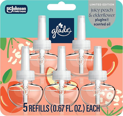 Glade PlugIns Refills Air Freshener, Juicy Peach & Elderflower, Scented and Essential Oils for Home and Bathroom, 0.67 Fl Oz, 5 Count