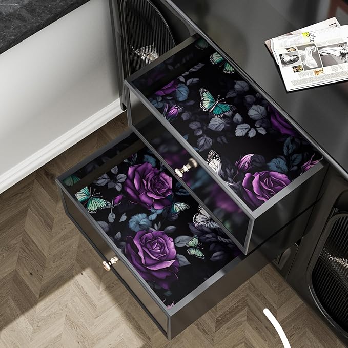 Fvlow Black Foral Wallpaper Peel and Stick Dark Purple Rose Contact Paper 17.4" x 393", Waterproof Self-Adhesive Flower Butterfly Wall Paper for Bedroom Countertop Desk Cabinets Decor Renter Friendly