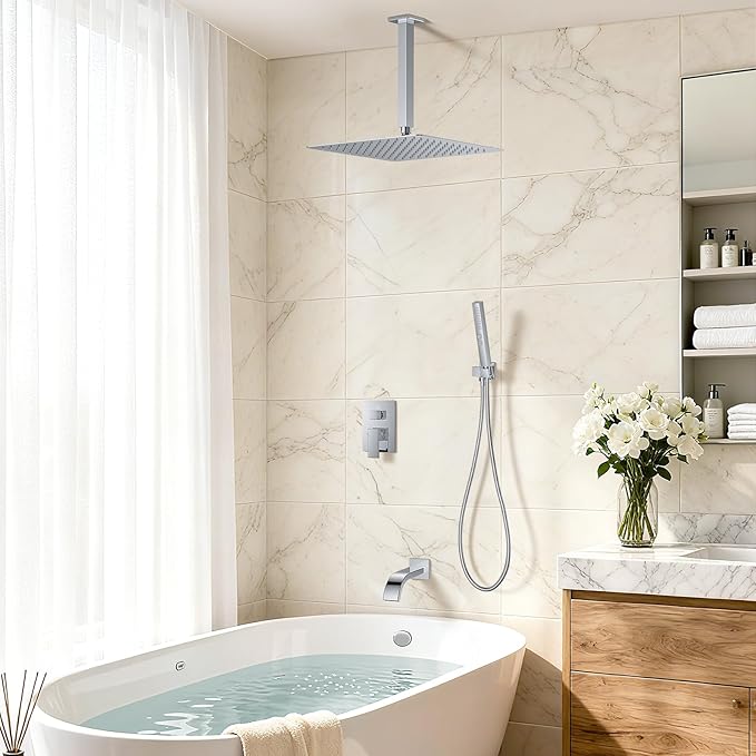 Chrome Shower System with Tub Spout, Ceiling Mounted Bathtub Shower Faucet Set, 12" Rainfall Shower Head and Handheld Shower Combo, High Pressure Shower Fixtures Set with Rough-in Valve
