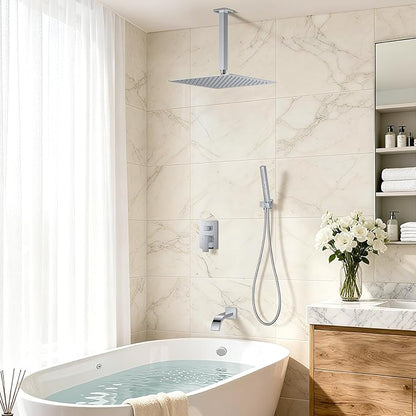 Chrome Shower System with Tub Spout, Ceiling Mounted Bathtub Shower Faucet Set, 12" Rainfall Shower Head and Handheld Shower Combo, High Pressure Shower Fixtures Set with Rough-in Valve