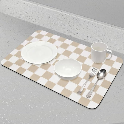 CooRug Checkered Dish Drying Mat for Kitchen Counter, Absorbent Non-Slip Coffee Mat, Heat Resistant Mat for Countertops Coffee Bar Decor 12" x 20" Khaki