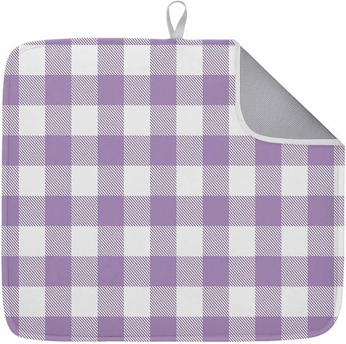 Dish Drying Mat Purple Buffalo Check Plaid Drying Mats for Kitchen Counter Farmhouse Style Absorbent Microfiber Dish Drainer Quick Drying Coffee Mat with Hanging Loop, 16 x18 inch