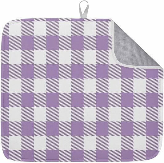 Dish Drying Mat Purple Buffalo Check Plaid Drying Mats for Kitchen Counter Farmhouse Style Absorbent Microfiber Dish Drainer Quick Drying Coffee Mat with Hanging Loop, 16 x18 inch