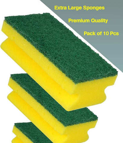 Heavy Duty Scrub Large Sponge, Dual-Sided Dishwashing & Cleaning Sponge for Kitchen, Bathroom and Home Cleaning (Pack of 10),Yellow & Green