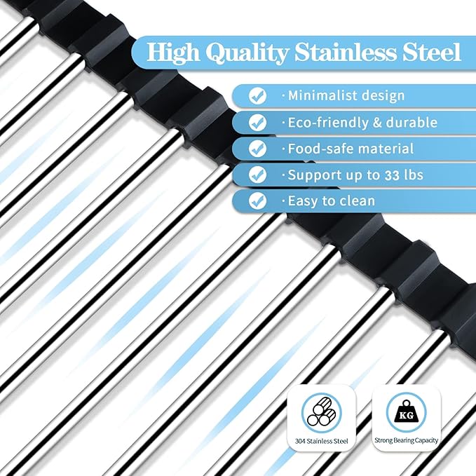 Seropy Roll Up Dish Drying Rack Over The Sink Drying Rack for Kitchen Counter, Rolling Dish Rack Over Sink Mat, Foldable Dish Drainer Stainless Steel Rack Kitchen Organization Gadgets Black 17"x11.8"