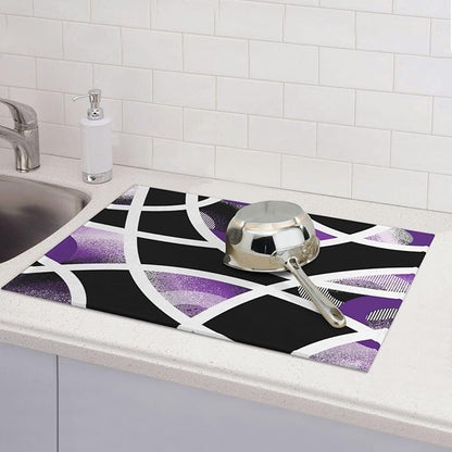 Purple Black White Geometric Abstract Dish Drying Mat for Kitchen Counter & Sink, 18" x 24" Absorbent Microfiber Drying Pad for Dishes, Foldable Modern Art Kitchen Mat for Dishes Small Appliances