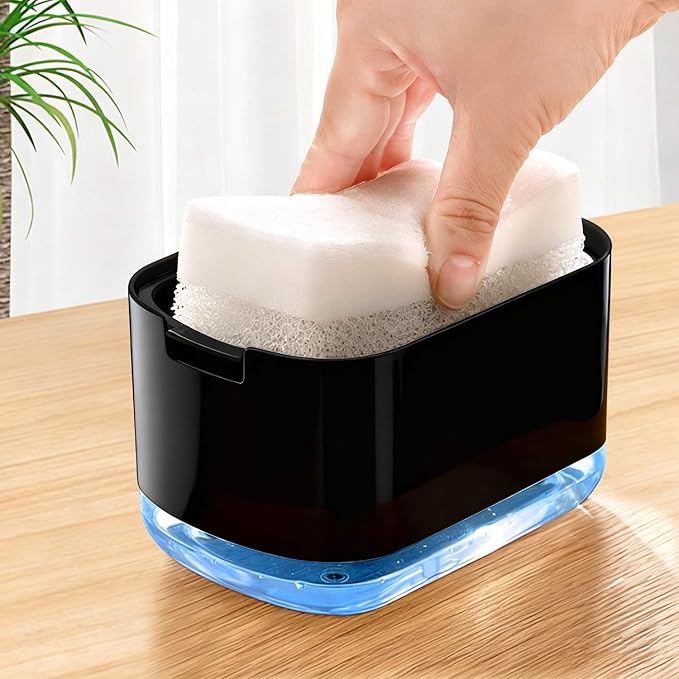 Dish Soap Dispenser and Sponge Support, Sink Soap Pump Dispenser, Liquid Soap Dispenser, Kitchen Detergent Press Box, Suitable for Kitchens, Bathrooms and Sinks (Black)