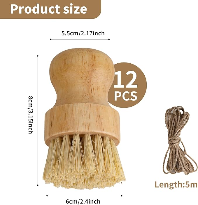 12 Pcs Bamboo Dish Brush, Wooden Bamboo Dish Scrub Brushes, Round Wooden Dishwashing Brush Sisal Bristles for Pan Pot Sink Kitchen Cleaning