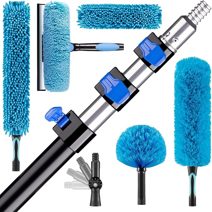 20FT High Reach Duster Cleaning Kit with 5-12 FTExtension Pole, High Ceiling Fan Cleaner Duster Tool for Fan Blades, Extendable Reusable Cobweb, Feather, Window Cleaning Squeegee Kit (12FT)